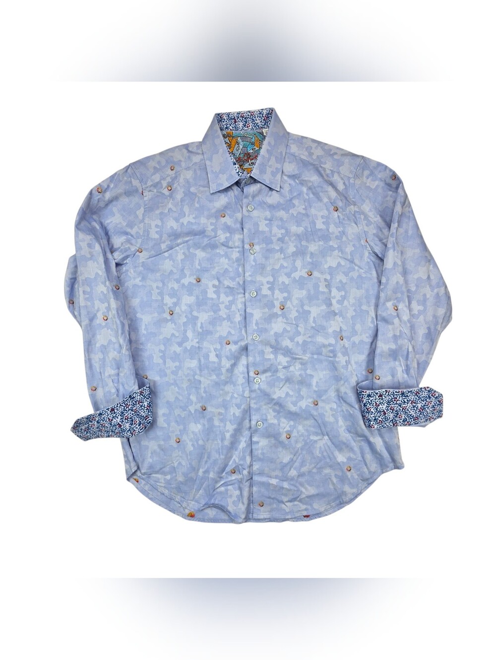 Robert Graham Shirt Mens Medium Blue Geometric Camo Flip Cuff Classic Fit